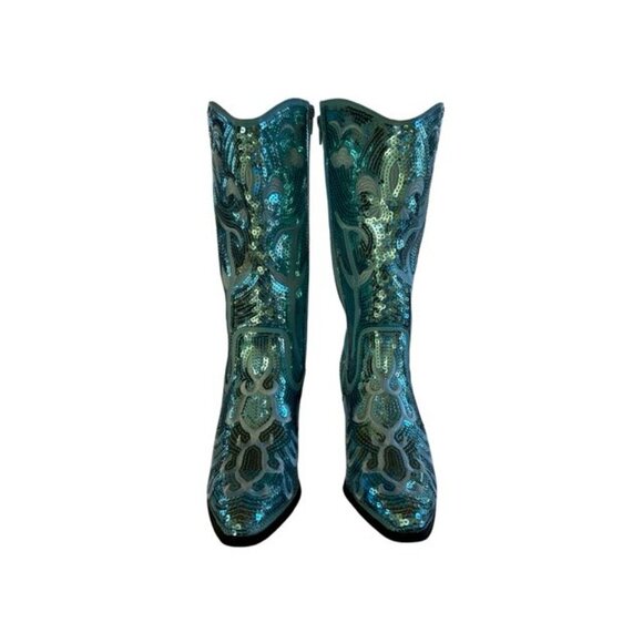 Women's Blue Sequin Mid Calf Cowboy Boot Size 7 - Picture 3 of 5